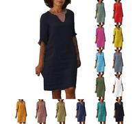 Vestito Donna Estivo in Lino di Cotone, Vestiti Lunghezza Media Cotone e Lino Collo V Abiti Eleganti Abito Colore Puro Maniche a Sette Minuti Maxi Abito Linea A Boho Spiaggia Vestiti