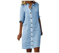 Vestito Donna Estivo in Lino di Cotone, Vestiti Lunghezza Media Cotone e Lino Collo V Abiti Eleganti Abito Colore Puro Maniche a Sette Minuti Maxi Abito Linea A Boho Spiaggia Vestiti