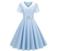 Vestito Donna in Stile Audrey Hepburn con Stampa e Inserti Vita Segnata Gonna Ampia Maniche Corte Moda Retro(Blue, XL)