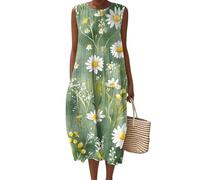 Vestito Donna Lino Misto Pieghe Abito Boho Maxi Estivo Senza Maniche Casual Giornaliero Moda Mare Cocktail Party Oversize Fluidi Leggeri Trendy Abita