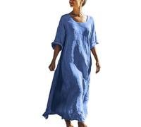 Vestito Donna Lungo in Cotone e Lino Caftano Boho Abito Ampio Casual Moda Manica Lunga Scollo A V Vestito Estivo Taglie Forti Eleganti Abiti al Ginocchio Larghe da Spiaggia Fresco Vacanza