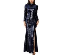 Vestito Donna Lungo Manica Lunga Paillettes Alzata S-XL | Design con Manica Lunga e Scollo Alto, Paillettes Brillanti, Fessura Laterale, Taglie S-xl