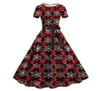 Vestito Donna Natale Eleganti,Abito Donna Casual con Stampa Natalizia A Maniche Corte Stile Casalinga Anni Cinquanta Trama Unica Elegante per Feste E Occasioni Speciali Comodo E Femminile