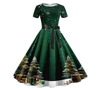 Vestito Donna Natale Eleganti,Abito Donna Casual con Stampa Natalizia A Maniche Corte Stile Casalinga Anni Cinquanta Trama Unica Elegante per Feste E Occasioni Speciali Comodo E Femminile
