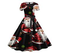 Vestito Donna Natale Eleganti,Abito Donna Casual con Stampa Natalizia A Maniche Corte Stile Casalinga Anni Cinquanta Trama Unica Elegante per Feste E Occasioni Speciali Comodo E Femminile