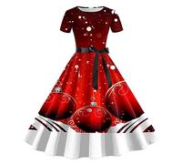 Vestito Donna Natalizio-Vestito Donna Natalizio-Abito da Donna da con Stampa Natalizia A Maniche Corte, Casalinga degli Anni '50