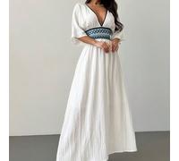 Vestito donna scollo a V bianco con maniche a pipistrello stile boho, adatto per vacanze, in tessuto simile al lino, ideale per lavoro, elegante, sexy, vacanze, spiaggia, stile boho, Hawaii, festival