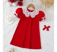 Vestito dritto casual carino da ragazza con colletto Peter Pan, bordo in pizzo, maniche a palloncino e bottoni, adatto per l'estate 6Y,7Y,4Y,5YBlocchi di coloreTessuto
