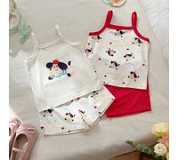 Vestito e pantaloncini set estivo da bambina, con top a canotta multicolore. Presenta una combinazione di beige morbido e rosso brillante, offrendo uno stile confortevole, semplice, vivace e adorabile