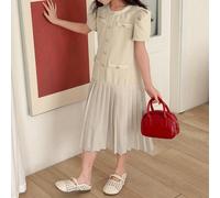 Vestito elegante a maniche corte con collo rotondo plissettato e bottoni sul davanti, per ragazze pre-adolescenti, per la primavera 8Y,9Y,10Y,11Y,12YA strisceTessuto