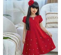 Vestito elegante casual per ragazze pre-adolescenti, scollo a V, maniche a tulipano con perline, linea ad A, rosso 8Y,9Y,10Y,11Y,12YFrutta & verduraPoliestere