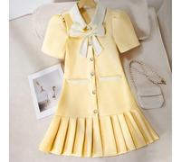 Vestito elegante con fiocco per ragazza pre-adolescente, maniche corte, plissettato, dolce e carino, perfetto per la scuola 8Y,9Y,10Y,11Y,12YA striscePoliestere
