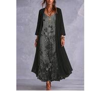 Vestito elegante con stampa floreale e spalline sottili, scollo a V, con cardigan trasparente a 3/4 in due pezzi, perfetto per la stagione dei matrimoni romantici, l'outfit per il Capodanno, adatto pe