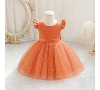 Vestito elegante da festa di Natale per bambine con maniche a cappuccio, fiocco e tulle arancione, adatto come abito da principessa per il primo compleanno, banchetti, matrimoni e come vestito da dami