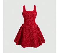 Vestito elegante da ragazza pre-adolescente in tessuto jacquard con scollo a U, fiocco sulla schiena, taglio a-line, senza maniche, colore rosso, adatto per San Valentino e la stagione dei matrimoni 8