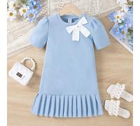 Vestito Elegante E Casual A Pieghe Con Fiocco Per Ragazze Giovani, Comodo Da Indossare, Ideale Per La Primavera/estate 6Y,7Y,4Y,5YA strisceTessuto in maglia