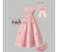 Vestito elegante e casual da ragazza, senza maniche, con volant rosa e fiocco, adatto per vacanze primaverili ed estive, abiti eleganti da ragazze adatti per l'esterno e occasioni speciali, abiti cari