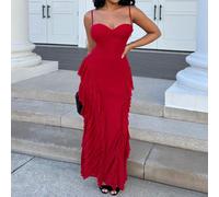 Vestito elegante e romantico da donna, canotta rossa con balze floreali e schiena scoperta, aderente, adatto per cocktail festa, vestito in maglia e tulle, adatto per festa, matrimoni come damigella, 