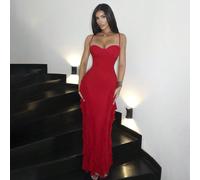 Vestito elegante e romantico da donna, canotta rossa con balze floreali e schiena scoperta, aderente, adatto per cocktail festa, vestito in maglia e tulle, adatto per festa, matrimoni come damigella, 