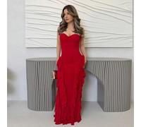Vestito elegante e romantico da donna, canotta rossa con balze floreali e schiena scoperta, aderente, adatto per cocktail festa, vestito in maglia e tulle, adatto per festa, matrimoni come damigella, 
