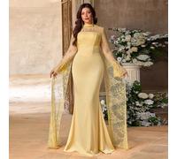 Vestito elegante e romantico da donna taglia comoda, in giallo pallido, con inserti in pizzo e rouches in raso, maniche lunghe e ampie, orlo a sirena, adatto per serate, appuntamenti, vacanze, San Val