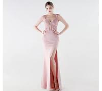 Vestito Elegante Lungo Con Pizzo E Spacco Rosa Chiaro Per Cerimonia CF61174