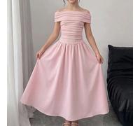 Vestito elegante lungo da ragazza pre-adolescente, in maglia rosa con patchwork, con spalla scoperta e volant, adatto per il ritorno a scuola/feste, compleanni, balli e altre occasioni 8Y,9Y,10Y,11Y,1