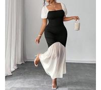 Vestito elegante nero in stile patchwork in rete con maniche a palloncino, una collezione di eleganza eccentrica (vibes di "Woe Is Me")(estetica del mercoledì), che non passa mai di moda 0XL,1XL,2XL,3