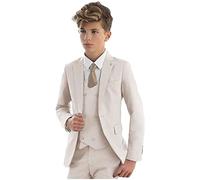 Vestito elegante per bambini, 3 pezzi, con giacca con revers a lancia, gilet e pantaloni, smoking da bambino, per matrimoni e feste, Beige, 4 Anni