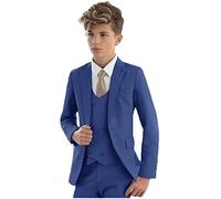 Vestito elegante per bambini, 3 pezzi, con giacca con revers a lancia, gilet e pantaloni, smoking da bambino, per matrimoni e feste, Blu, 14 Anni