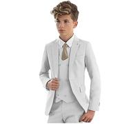 Vestito elegante per bambini, 3 pezzi, con giacca con revers a lancia, gilet e pantaloni, smoking da bambino, per matrimoni e feste, bianco, 8 Anni