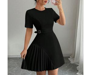 Vestito elegante per donna, con collo tondo, maniche corte, orlo plissettato, colore albicocca, ultimo design, adatto per primavera ed estate L,M,S,XLTessuto