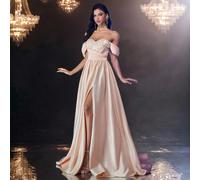 Vestito elegante, romantico, sensuale, elegante, nobile, rosa, in raso, senza spalline, con spalle scoperte, corpetto con stecche, drappeggiato, decorazione floreale 3D, mini linea A, adatto per feste