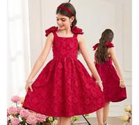 Vestito elegante senza maniche con scollo quadrato e decorazione floreale, di lunghezza media a linea A, adatto per la stagione dei matrimoni, abito da damigella, abito da principessa per ragazze, col