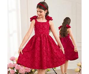 Vestito elegante senza maniche con scollo quadrato e decorazione floreale, di lunghezza media a linea A, adatto per la stagione dei matrimoni, abito da damigella, abito da principessa per ragazze, col