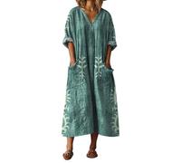 Vestito Estivi Donna Boho in Lino Abito Lunghi Floreali Scollo a V Maniche a 3/4 Vestiti Casual Vintage con Tasche Elegante Kaftan Mare Taglie Forti Curvy Copricostume Primavera 2026 Moda