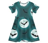 Vestito estivo da bambina a maniche corte con pipistrelli neri luna verde acqua A-Line per bambini prendisole, 2T, Pipistrelli neri Luna Teal, 4 anni