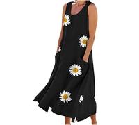 Vestito estivo da donna, a girocollo, senza maniche, maxi prendisole con tasche, lungo, in cotone e lino, copricostume da spiaggia, per vacanze, Nero , L