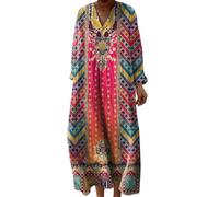 Vestito estivo da donna, in cotone, morbido, a maniche lunghe, casual, con stampa floreale, con scollo a V, rotondo, bohémien, abito da sera, vintage, per feste e lavori, 3-Caldo Rosa, L