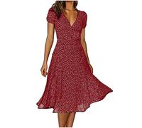 Vestito estivo da donna lungo e leggero elegante - Abito da spiaggia da donna arioso in cotone chiffon trasparente e arioso con volant V-collo Miniabito a maniche corte Abito da cocktail Abito vintage
