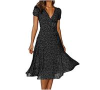 Vestito estivo da donna lungo e leggero elegante - Abito da spiaggia da donna arioso in cotone chiffon trasparente e arioso con volant V-collo Miniabito a maniche corte Abito da cocktail Abito vintage