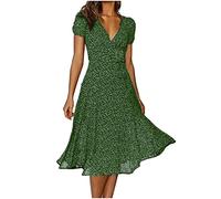 Vestito estivo da donna lungo in chiffon, a maniche corte, a linea A, a metà polpaccio, con stampa floreale, boho, da spiaggia, casual, con scollo a V, elegante, adatto per feste, 02 verde., M