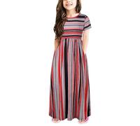 Vestito estivo da ragazza a maniche corte abiti casual per bambini in cotone A-Line a righe girocollo abiti da principessa abiti da spiaggia traspirante comodo abito da vacanza, Rosso, 2-3 Anni