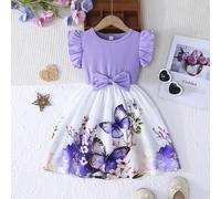 Vestito estivo da ragazza casual con stampa floreale a rose, maniche a ruffle e fiocco in vita 6Y,7Y,4Y,5Y,2-3YFarfallaTessuto