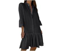 Vestito Estivo Donna Elegante Abito Maniche Tre Quarti Con Colletto Rialzato e Bottoni Tinta Unita Versatile Vestiti Donne Comodi Per Ballo di Fine Anno Spiaggia Vacanza Festa Cocktail Estive Festivo