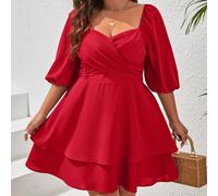 Vestito Estivo Mini Plus Size con Scollo Cuore, Maniche Puff Corte Incrociate sul Petto e Colore Unito 0XL,1XL,2XL,3XL,4XL,5XLColore unicoTessuto intrecciato