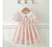 Vestito estivo per bambine, classico e carino, in tessuto rosa a righe, con colletto Peter Pan bianco a contrasto, design con pieghe frontali, decorazione delicata con fiocco 3D, adatto per uso casual
