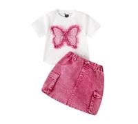 Vestito estivo per bambine: top a maniche corte con fiocco e gonna in jeans, vestito casual in due pezzi, rosa intenso, 4-5 Anni