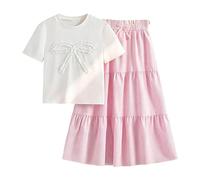 Vestito estivo per top a maniche corte con fiocco 3D, gonna a trapezio, due pezzi per la vita quotidiana, giocosa con elegante gonna a pieghe, ideale per la scuola e il tempo libero, taglio comodo con
