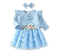 Vestito Floreale a Rete per Bambina con Giacca Coordinata e Fascia per Elegante per Stagioni Autunnali (Blue, 12-18 Months)